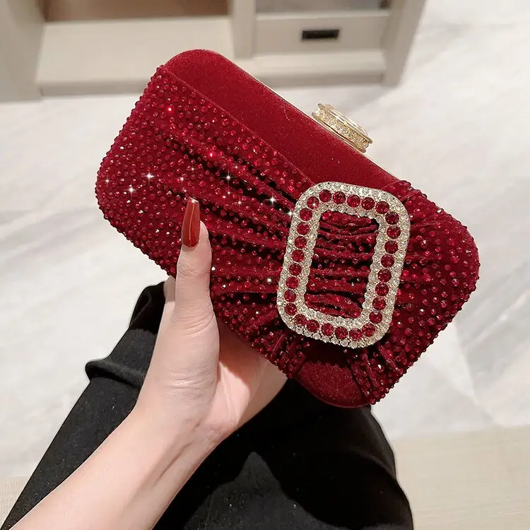 2024 élégant rouge carré bouton strass pochette sangle unique Vintage robe Style sac à main femme fête dîner soirée sacs