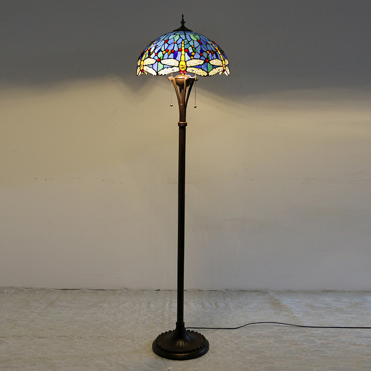 LongHuiJing Dragonfly Tiffany Styled Floor Lamp 16 inch Wide 2-Light Double Chains Stained Glass Shade Antique Base Decor Lights