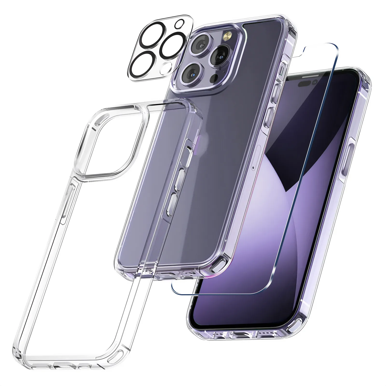 Fábrica 4 em 1 Magnetic Clear Case Set Para iPhone 15 14 Pro Case 2 Pack Protetor de tela de vidro temperado Camera Lens Protection