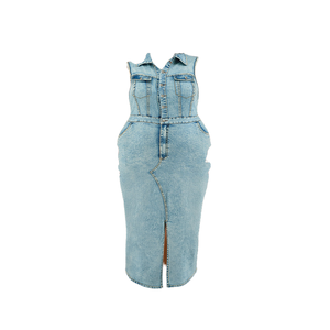 Artı boyutu kadın Denim kolsuz bölünmüş yaka yıkanmış Denim elbise, makinede yıkanabilir, moda tasarımı