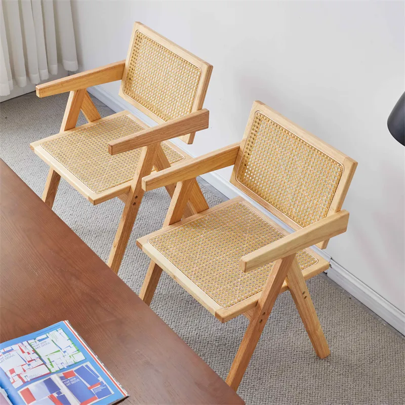 Wholesale Nordic Rattan Dining Chair Frame Solid Wood Armchair Cane Chair Beech Rubber Wooden Rustic Hand Chair Modern European