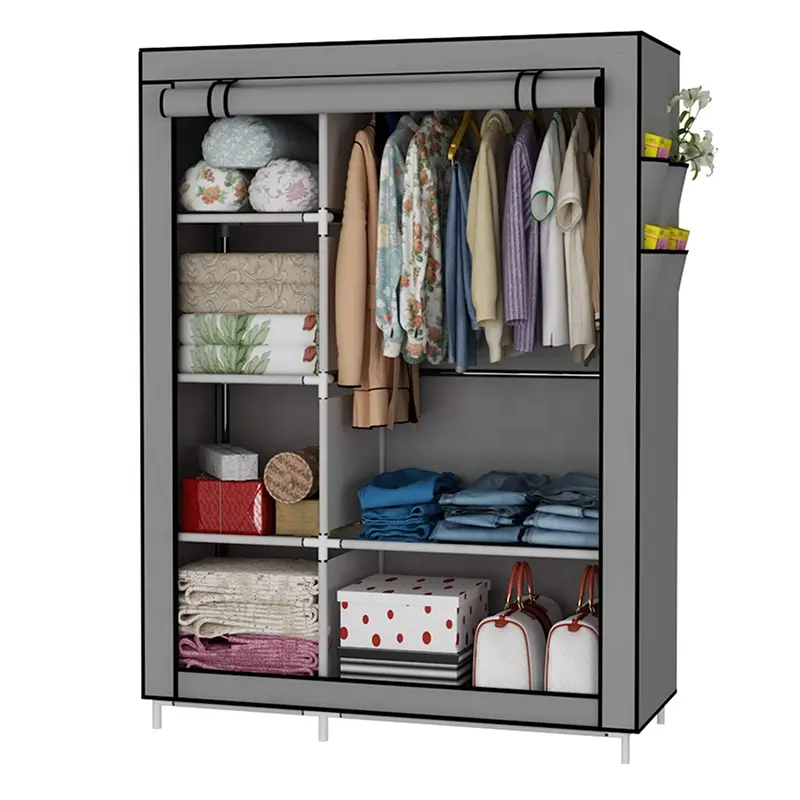 Armario de tela gris para dormitorio al por mayor, estantes de almacenamiento de ropa, armario sencillo no tejido