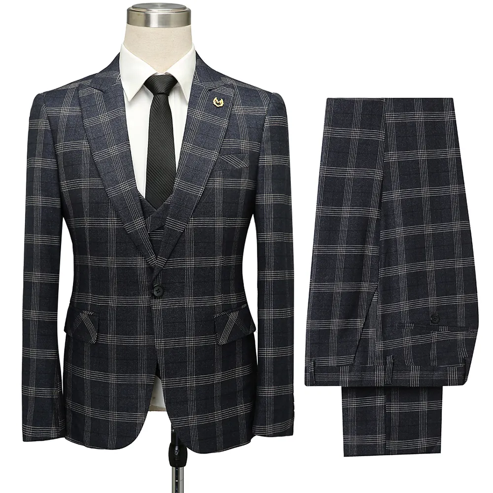 Beste Prijs Pak Plaid Custom Made Slim Fit Een Knop 3 Stuk Mannen Formele Stalknecht Suits Business Casual Heren kleding