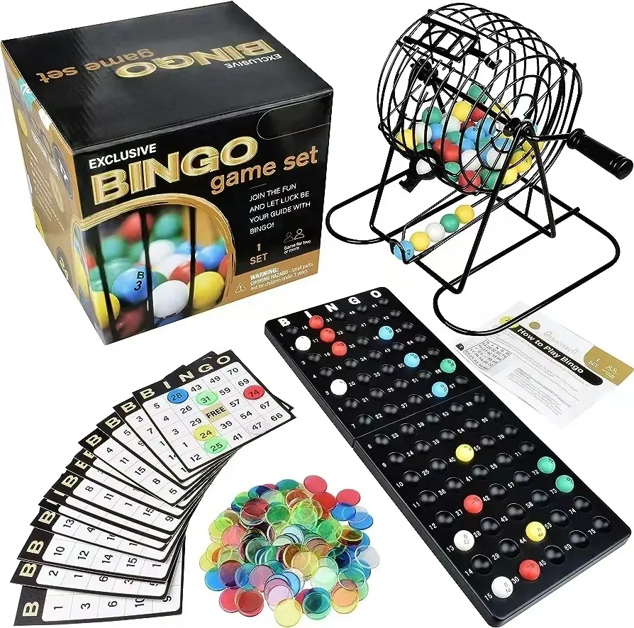 Bộ Bingo với 150 chip Bingo, 75 quả bóng gọi điện thoại, 17 thẻ Bingo hai mặt, lồng kim loại và bảng chủ-trò chơi Bingo