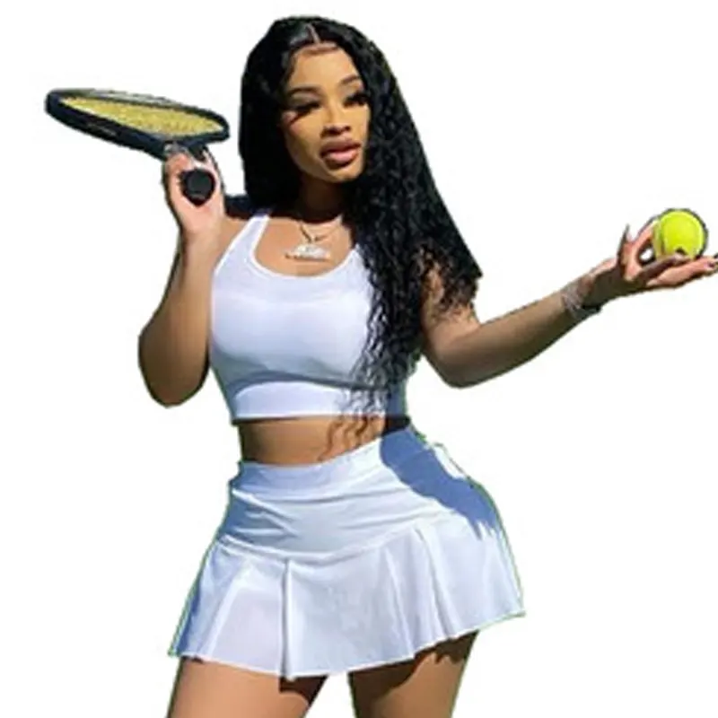 夏のミニプリーツ野球テニスドレス女性テニスウェアツーピース女性服クロップトップパンツスカートセット