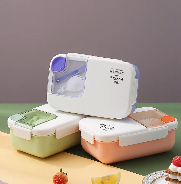 WXL554 Kotak Bento Anak Sekolah 1,1l Dua Lapis Wadah Makanan Microwave dengan Sendok Kotak Makan Siang Plastik Persegi Panjang