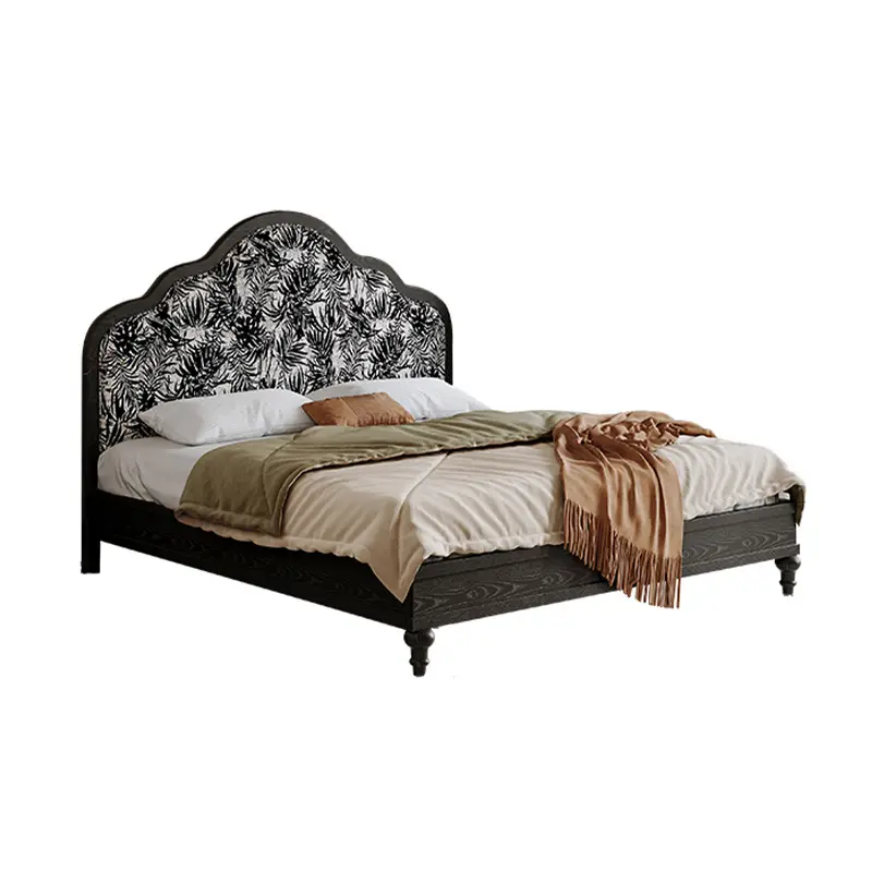 سرير مخملي فرنسي أمريكي عتيق باريسي من الخشب الصلب بغرفة نوم عالية الظهر بعمود روماني