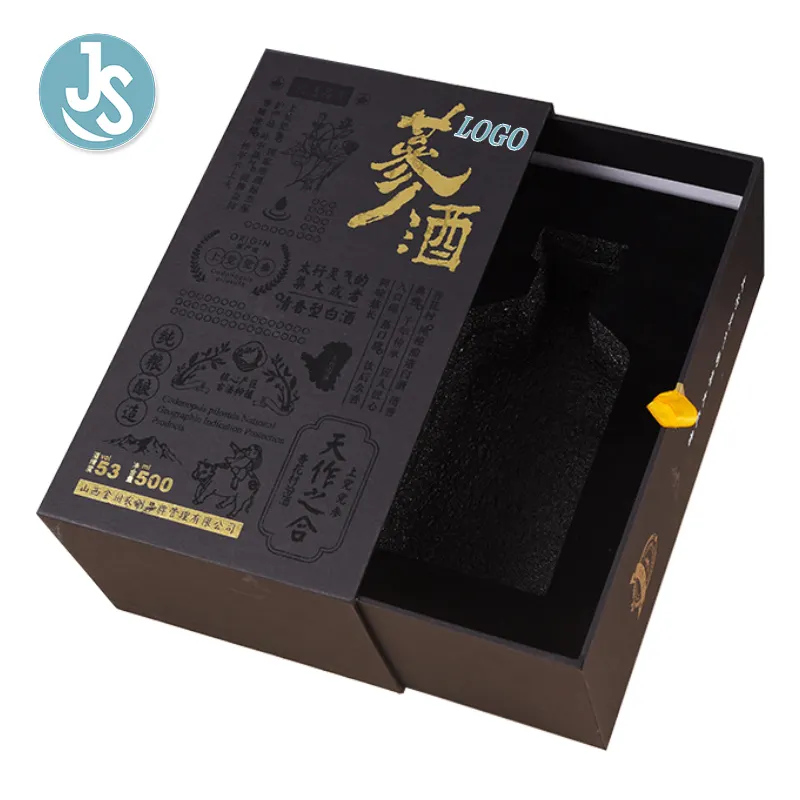 Kunden spezifische Luxus Wein Papier Box Verpackung Logo Alkohol Geschenk boxen Wein Schublade Verpackung Schnaps flasche Glas mit Gold Schwarz JS