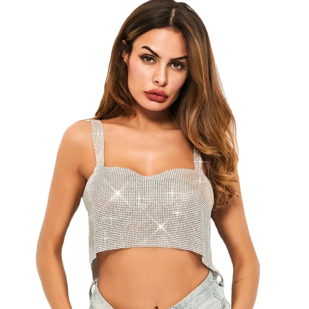 Camisola Sexy con diamantes de imitación para mujer, camisola dorada para fiesta y Club, Crop Tops sexys con diseños para playa, camisola 2021