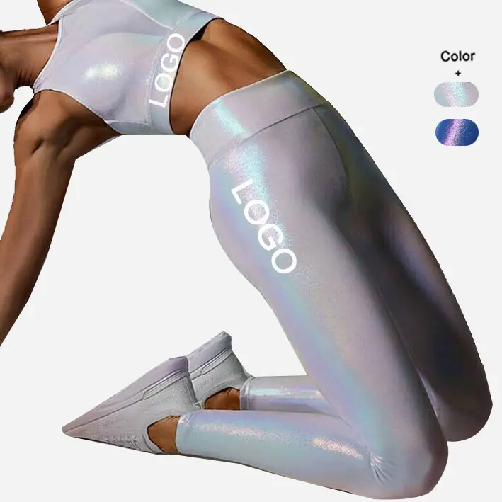 2021 özel etiket spor Glitter Shining sıvı deri tayt yüksek bel Yoga kulübü tayt bayan Leggins