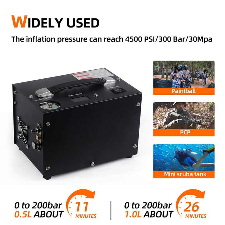 PCP Air Compressor with Built-in Power Adapter Auto-shutoff Oil &Water-Free 4500Psi/30Mpa Air Gun and Paintball Compressor Pump