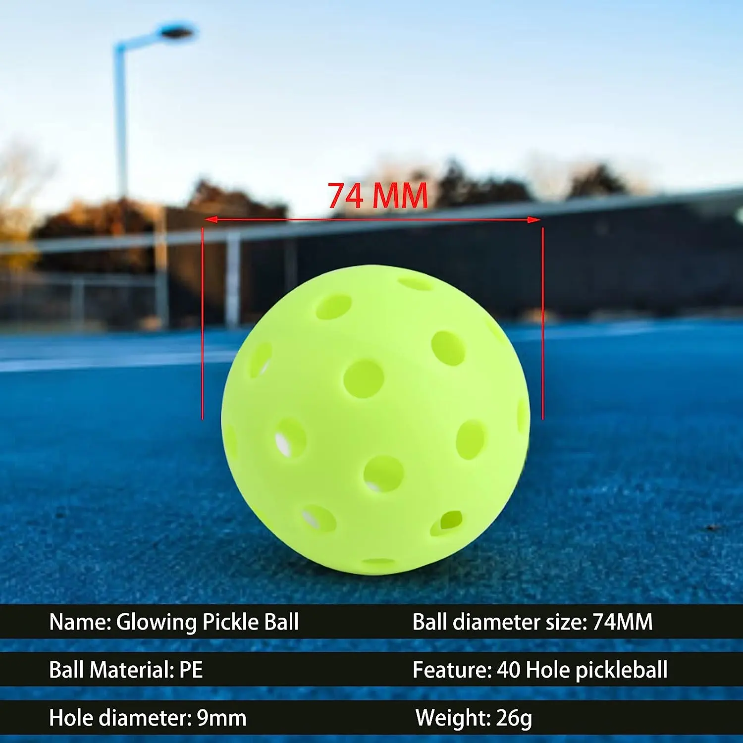 MOZKUIB USAPA स्टैंडर्ड 40/26 होल नाइट ग्लोइंग एलईडी टिकाऊ फ्लाइट आउटडोर इंडोर पिकल बॉल प्रोफेशनल पिकलबॉल बॉल