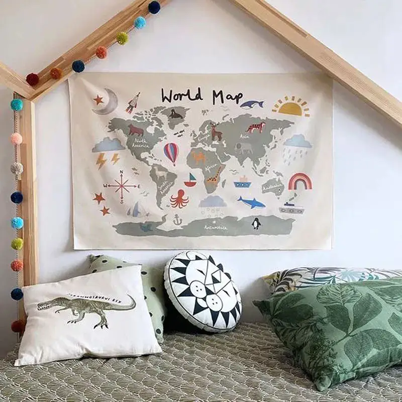 Decoración de pared colgante con mapa del mundo para habitación de niños, lienzo para dormitorio infantil