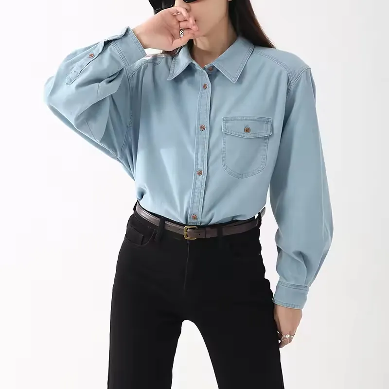 Effen Denim Vrouwelijk Shirt Met Lange Mouwen T-Shirt Vrouwen Turn Down Kraag Effen Kleur Slim Fit Katoenen Overhemd Blouse Met Knoop Met Zak