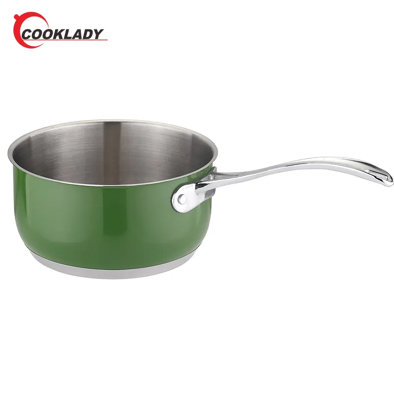 Olla de cocina de acero inoxidable de una sola pieza al por mayor, olla para sopa y leche Cooware con mango de aleación de Zinc