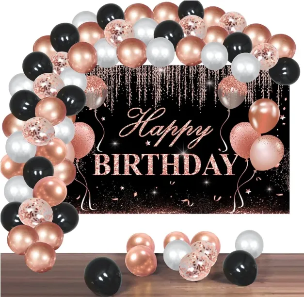Pancarta de cumpleaños negra de oro rosa y Guirnalda de arco de globo metálico para niña Mujer Accesorios de cabina de fotos de cumpleaños suministros de decoración para fiestas