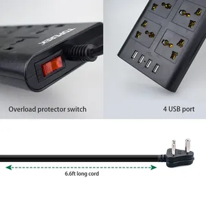 Zócalo de extensión funcional múltiple con certificado CE con 6 salidas universales y 4 enchufes USB EU 10A 2500W - Product Image 3