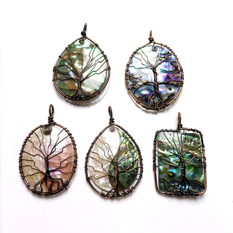 Pendentifs en coque d'abalone naturelle pour femmes, bijoux de haute qualité, fait à la main, style Boho, arbre de vie, en pierre cristaux arc-en-ciel