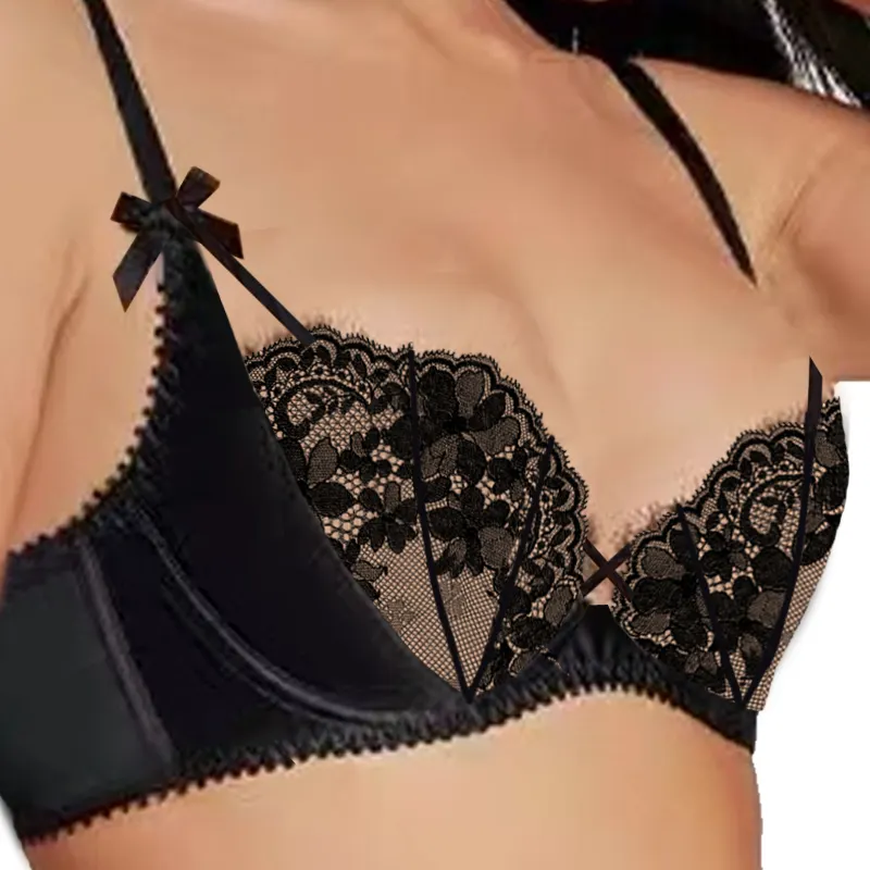 2024 Novo produto conjunto de sutiãs de cor preta para mulheres bordados florais lingerie sexy compras