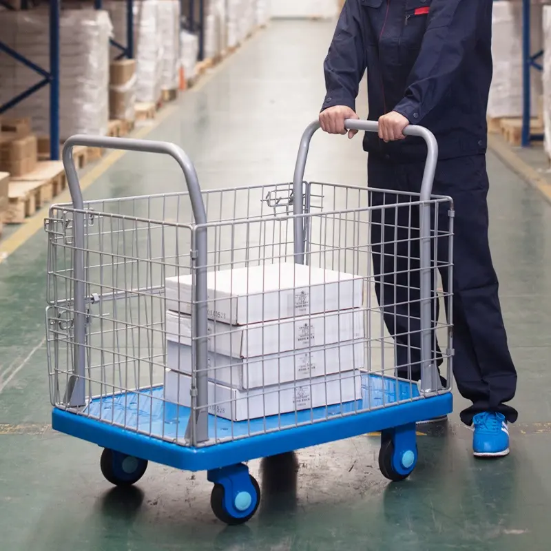 Troli plastik jaring 300kg troli belanja logistik tahan lama senyap Trolley Flatbed dengan sisi untuk Supermarket
