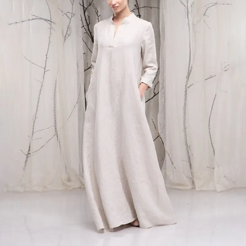 Robe abaya musulmane en lin 100% de couleur unie personnalisée pour femmes abaya moderne de luxe à manches longues de Dubaï