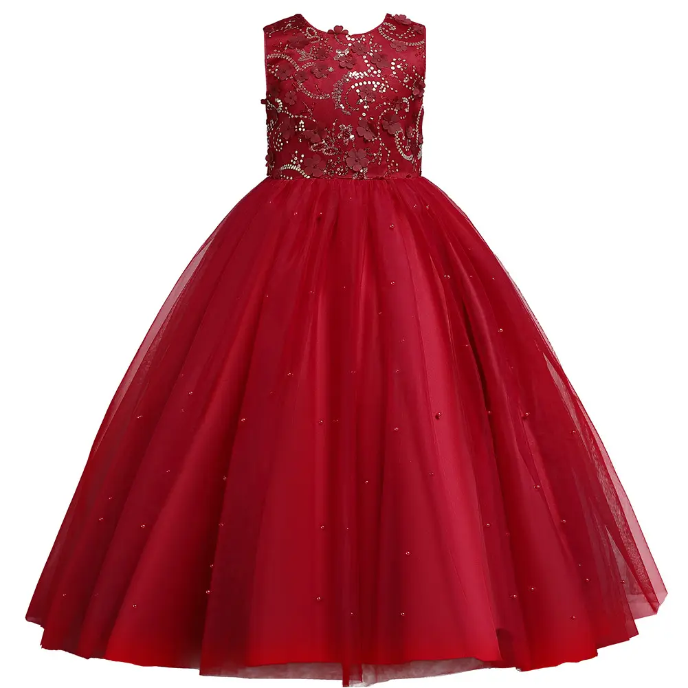 Stile europeo vestito rosso compleanno bambino vestito da ragazza fiore per abito da sposa con perline principessa abito da sera per 10 anni