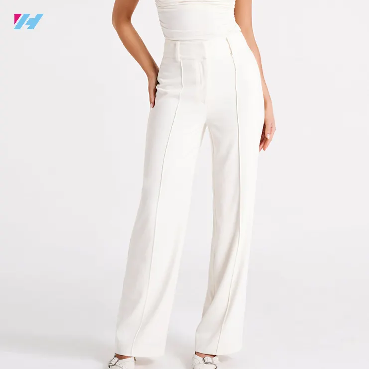 Custom Ladies High Waist White Work Suit Trousers Wide Leg Pants For Women