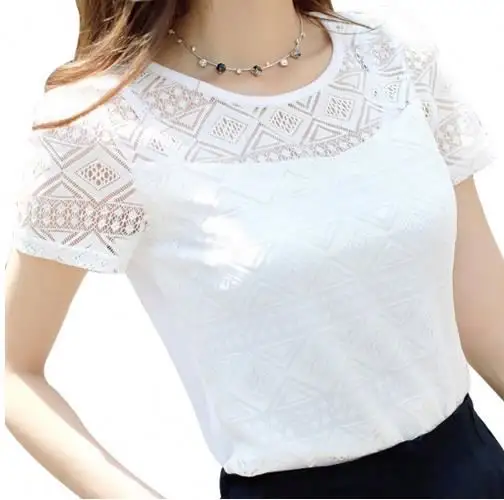Blusa feminina chiffon com renda e crochê, camisa coreana justa branca