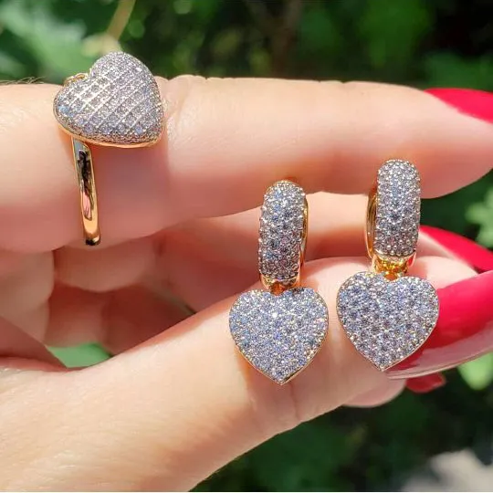 Semijoias all'ingrosso micro pave cz set di orecchini a forma di cuore per gioielli da donna, set di gioielli brasiliani placcati in oro 18 carati
