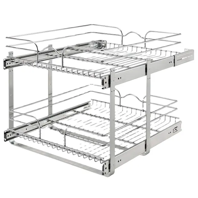 2-Tier Chrome Wire Basket Pull Out Shelf Storage for Kitchen Base Cabinet