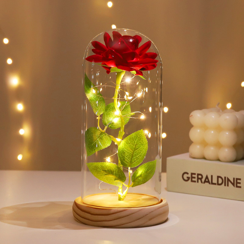 Base in legno con copertura in PVC a forma di rosa rossa - Lampada a luce calda