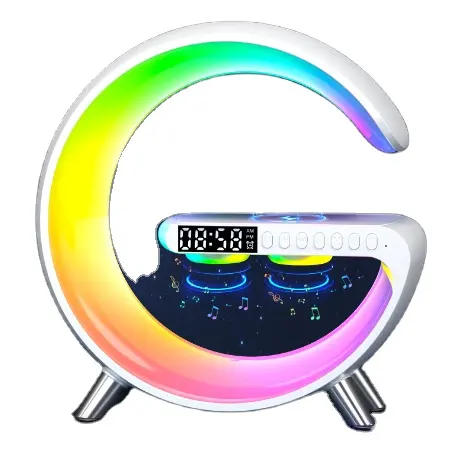 LDNIO 2023 새로운 G 자형 분위기 LED 야간 조명 웨이크 업 BT 스피커 음악 램프 일출 웨이크 시계 테이블 램프 무선 충전