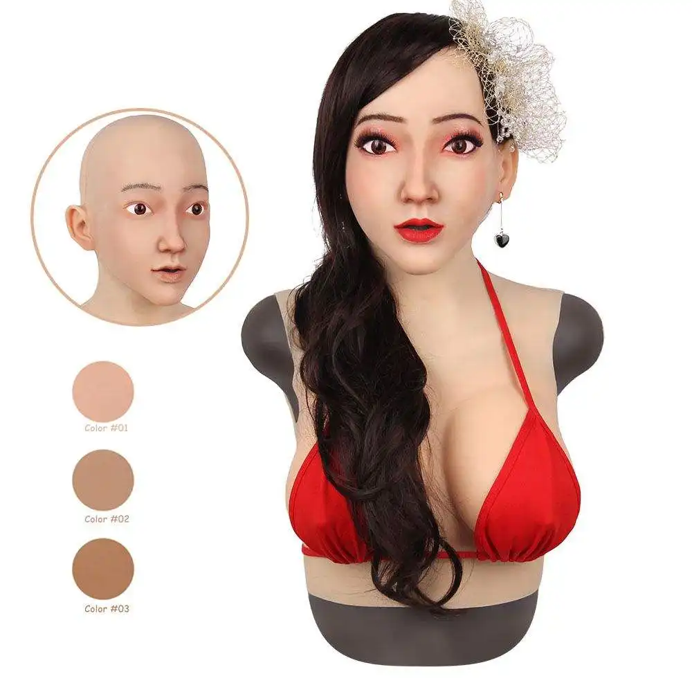 Crossdresser visage féminin avec poitrine pleine Silicone couvre-chef femme tête masque pour Cosplay accessoires mascarade déguisement Halloween