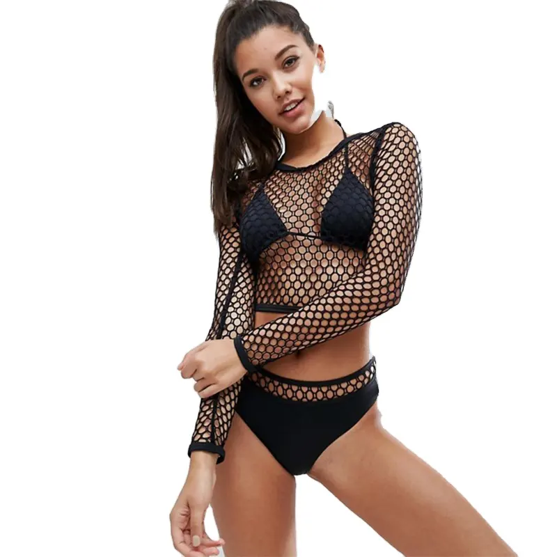 Débardeur SEXY en résille pour adolescent, haut de bikini noir à manches longues, vente en gros