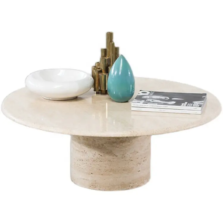 Élégant pierre ronde table d'extrémité cercle ovale solide travertin socle travertin espagn italien marbre table basse à vendre