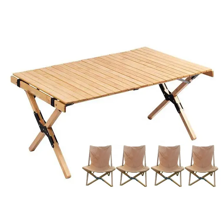 Table de pique-nique pliable en bois de pin pour l'extérieur, Table de Camping Portable en bois avec 4 chaises