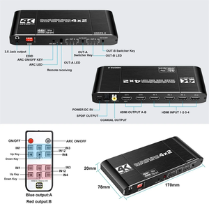 Divisor de interruptor de matriz 4x2 HDMI2.0 4K @ 60Hz conmutador 4 en 2 salidas con Toslink óptico SPDIF + Coaxial + Audio ARC de 3,5mm