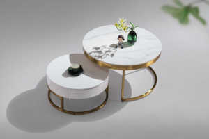 Contemporary Round Nesting Bent Black Gold Metal Side Glass Marble Stone Mdf Wood Coffee <strong>Table</strong> Nest of <strong>3</strong> <strong>Table</strong> <strong>Set</strong> Nesting <strong>Table</strong> - Product Image 3