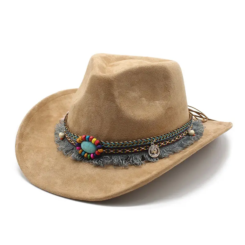 Cappello da Cowboy con nastro Western per bambini in pelle scamosciata selvaggia divertente moda cappello da Cowboy occidentale da uomo in tessuto di poliestere stile moda tinta unita