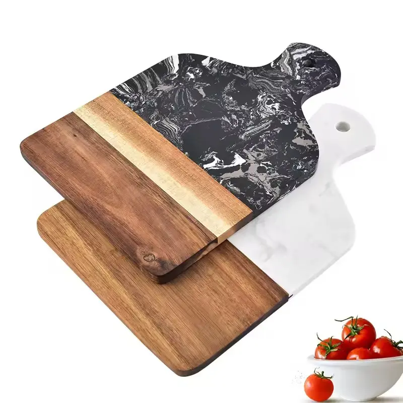 Tabla de cortar de madera de acacia personalizada al por mayor, bandeja para servir bistec, fruta, queso, tabla de cortar de madera de mármol con mango