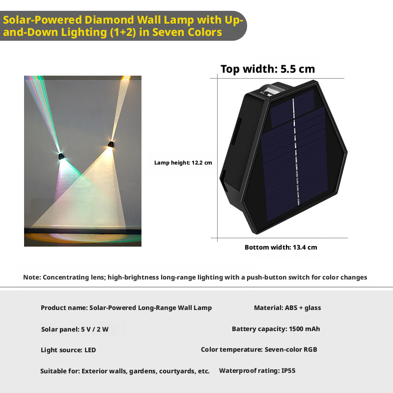 Energía solar / Iluminación ascendente y descendente 1 2 cabezales / RGB