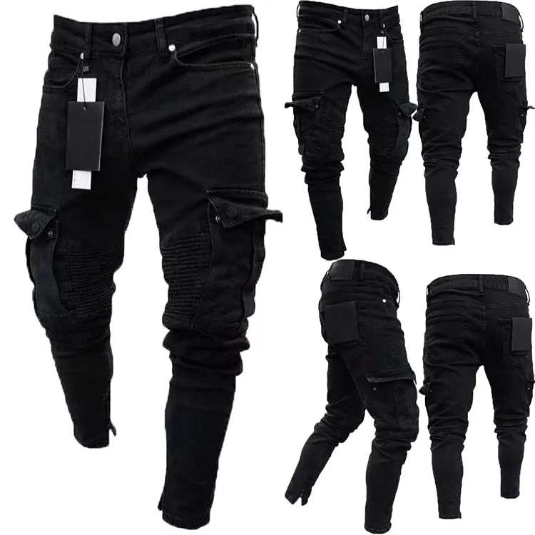 New Fashion Men Skinny Cargo Jeans pantaloni lunghi Denim Combat Biker Pocket Stretch pantaloni da lavoro neri