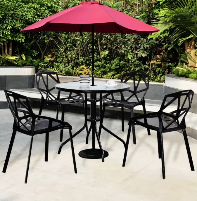 Pátio de vidro temperado clássico, restaurantes de alta qualidade, vidro temperado, jardim, pátio redondo, mesa ao ar livre com guarda-chuva