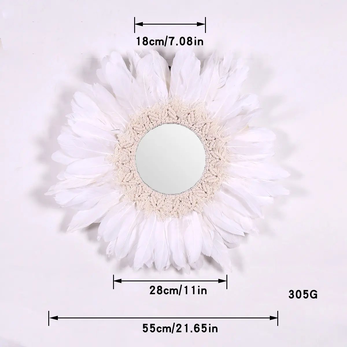 매달려 벽 거울 Boho 프린지 라운드 장식 거울 진주 깃털 아트 장식 아파트 홈 침실