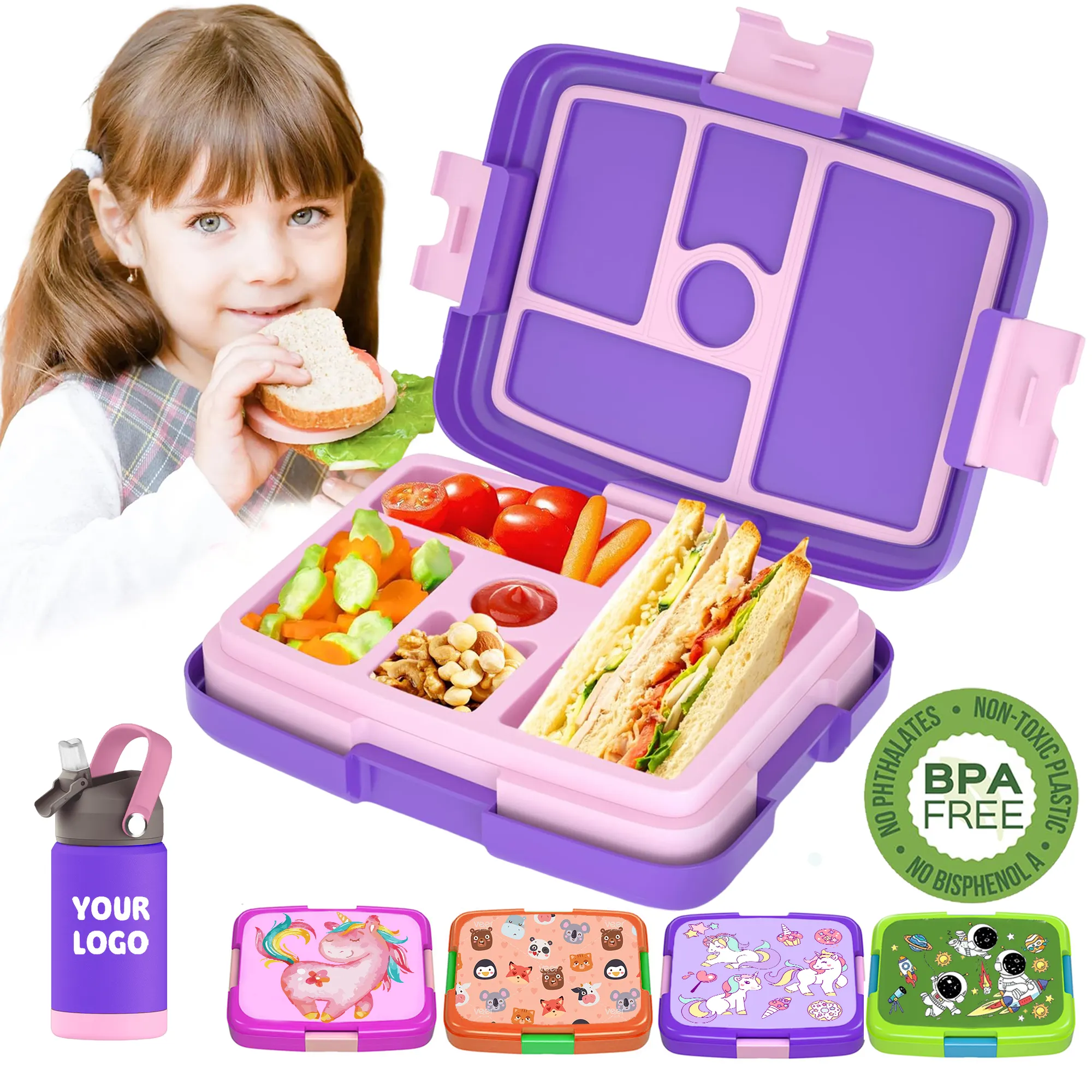 Diseño personalizado contenedor de alimentos Enfant portátil lindo escuela Tiffin aislado plástico niños Bento caja de almuerzo conjunto para niños