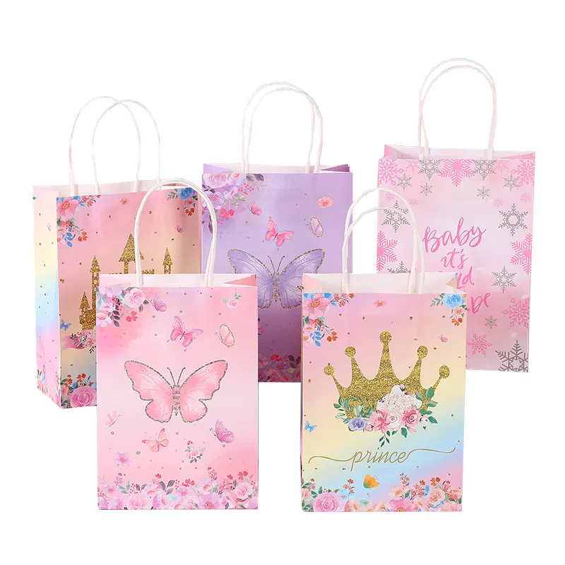 Bolsas de papel con asas para Celebración de bebé, recuerdo de fiesta Floral, mariposa rosa, boda, niños, con asas