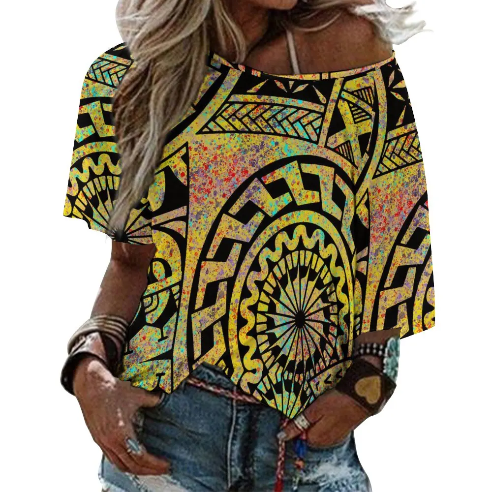 2022 Sommer Polynesian Tribal Tops Off Schulter blusen Benutzer definierte Overs ize Damen T-Shirt Tie Dye Plus Size Damen Blusen & Shirts