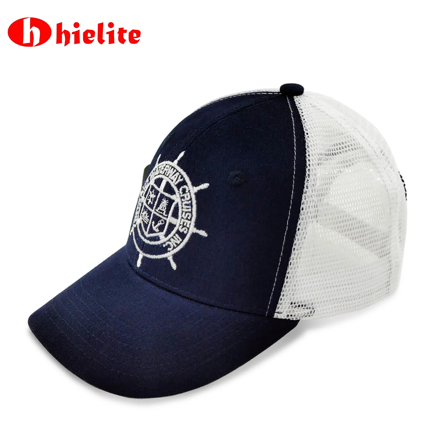 Atacado clássico escuro azul Snapback Trucker Cap com bordado branco e Netting Summer Wear Hat com fecho de plástico Snap