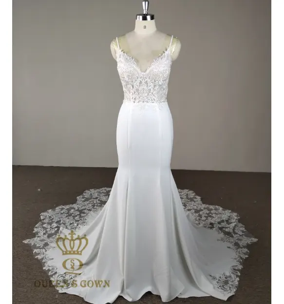 Gaun pernikahan renda indah desain khusus Kereta bunga kerah v dalam tali spageti putri duyung/terompet