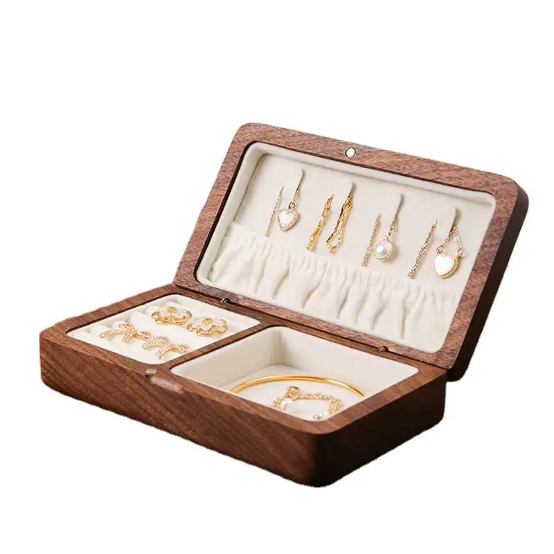 Alta qualidade Travel Trinket Pingente e Brinco Combination Box Portátil Flannelette Walnut Wood Jewelry Box
